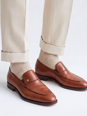 Hickey-Freeman Men's Brown Leather Slip-On Dress Loafers Contrast Piping 9D